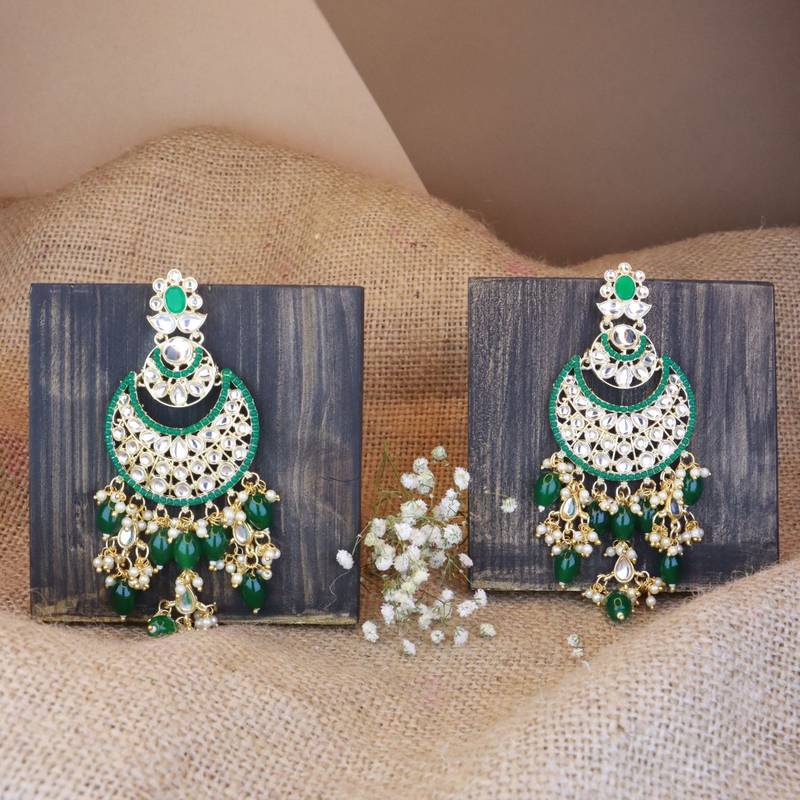 Gold Plated Traditional Handcrafted Pearl Kundan Beaded Chandbali Earrings for Women/Girls 
