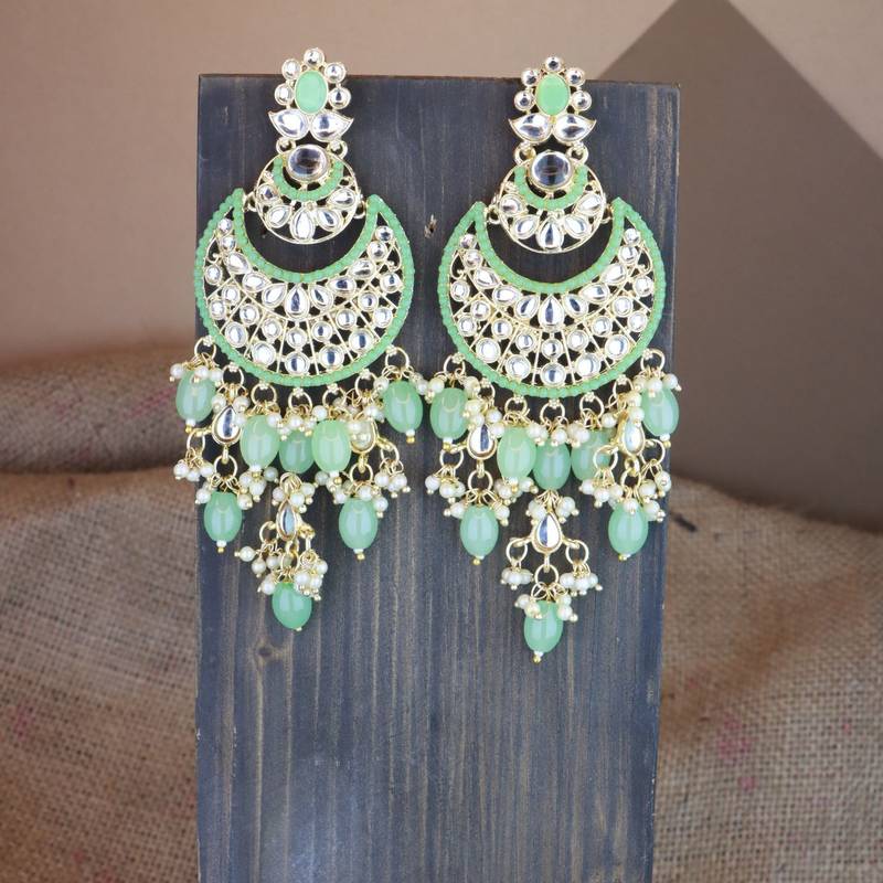 Gold Plated Traditional Handcrafted Pearl Kundan Beaded Chandbali Earrings for Women/Girls 