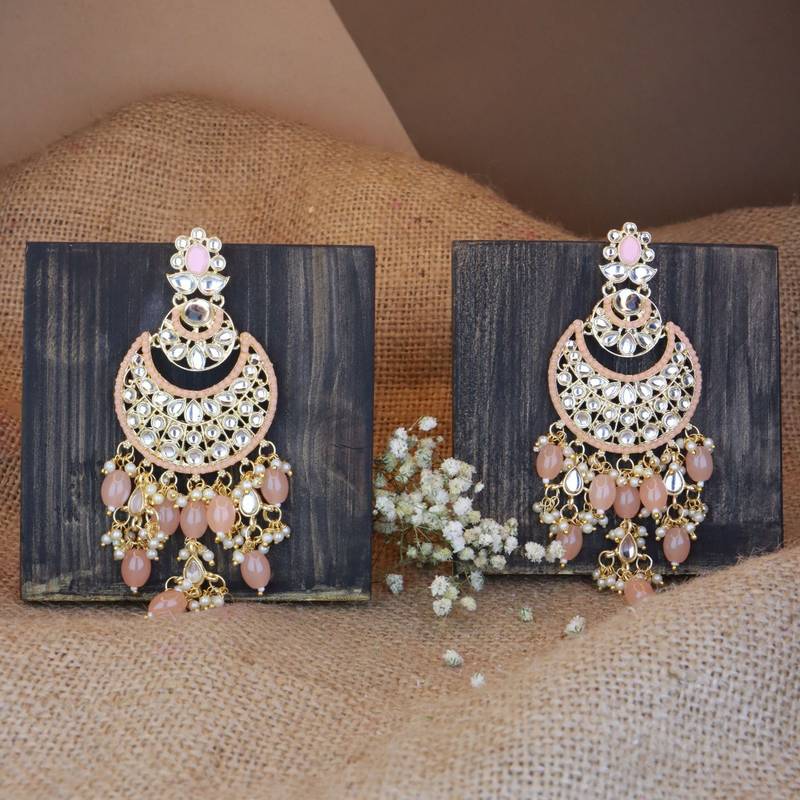 Gold Plated Traditional Handcrafted Pearl Kundan Beaded Chandbali Earrings for Women/Girls 