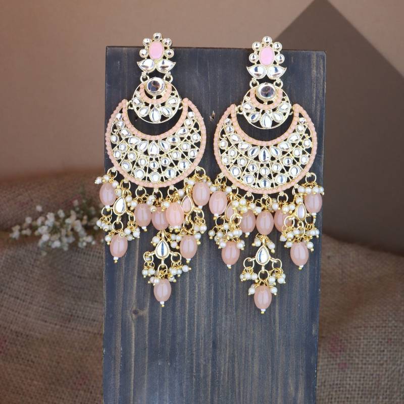 Gold Plated Traditional Handcrafted Pearl Kundan Beaded Chandbali Earrings for Women/Girls 