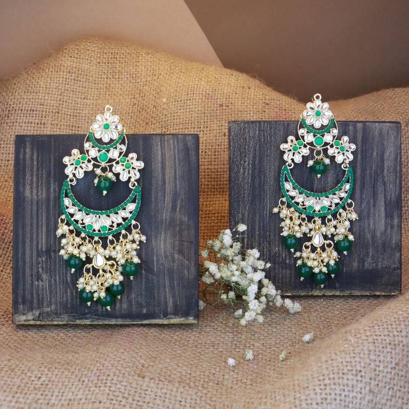 Gold Plated Traditional Handcrafted Pearl Kundan Beaded Chandbali Earrings for Women/Girls 