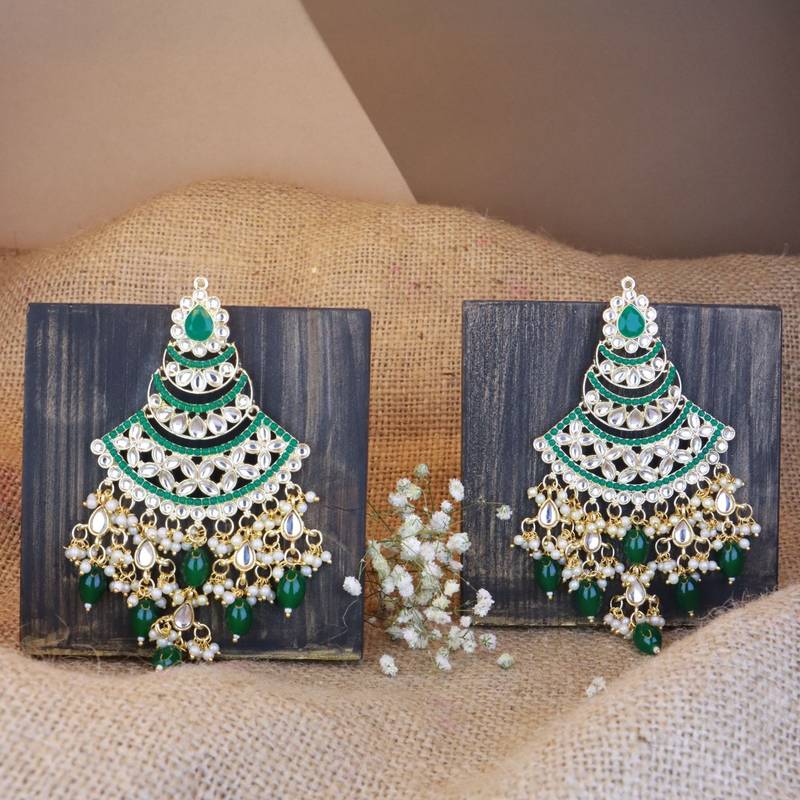 Gold Plated Traditional Handcrafted Pearl Kundan Beaded Chandbali Earrings for Women/Girls 