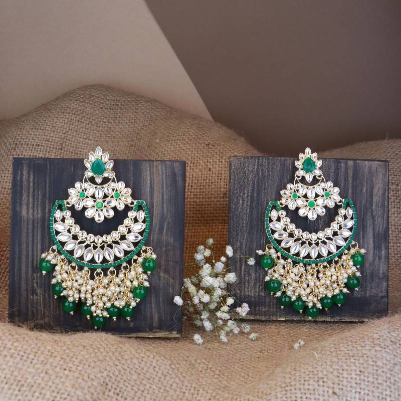 Gold Plated Traditional Pearl Kundan Beaded Chandbali Earrings for Women/Girls 