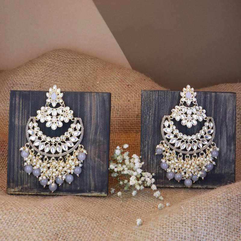 Gold Plated Traditional Pearl Kundan Beaded Chandbali Earrings for Women/Girls 