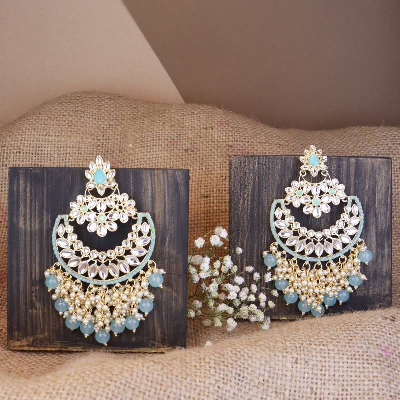 Gold Plated Traditional Pearl Kundan Beaded Chandbali Earrings for Women/Girls 