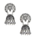 I Jewels Silver Oxidised Traditional Kundan & Stone Studded Jhumka Earrings For Women (E3061ZGr)