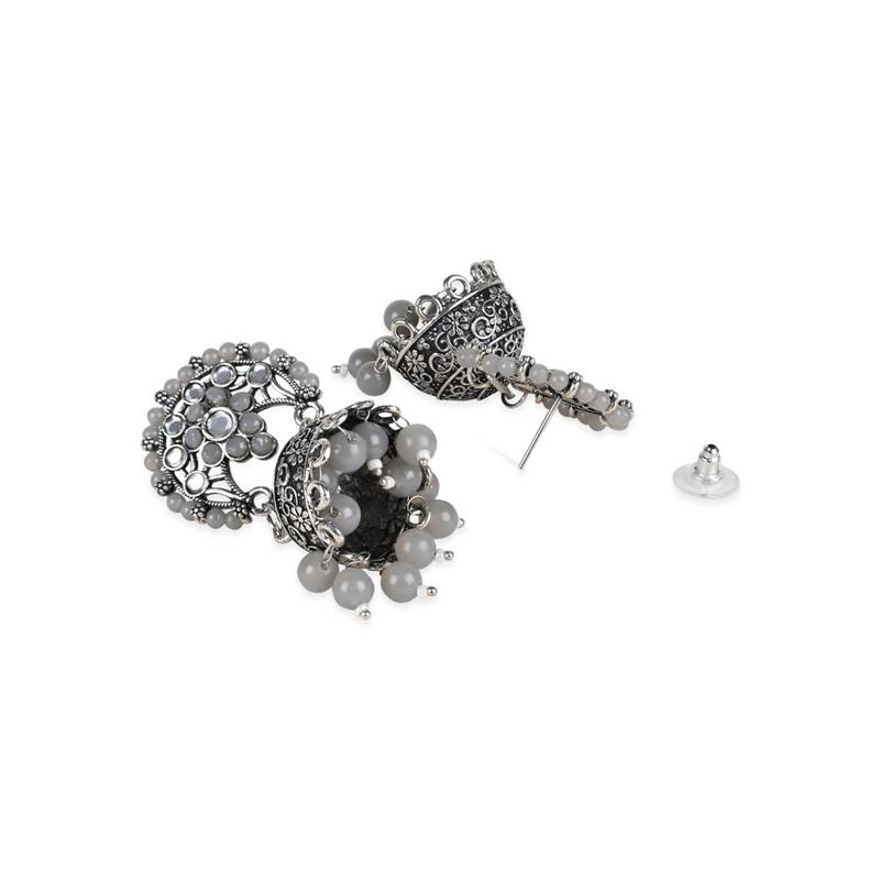 I Jewels Silver Oxidised Traditional Kundan & Stone Studded Jhumka Earrings For Women (E3061ZGr)