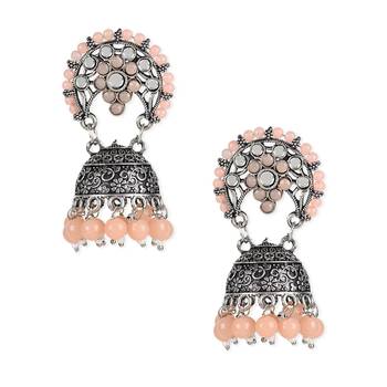 Silver Oxidised Traditional Peach Kundan & Stone Studded Jhumka Earrings For Women  1