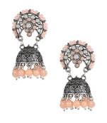 Silver Oxidised Traditional Peach Kundan & Stone Studded Jhumka Earrings For Women 