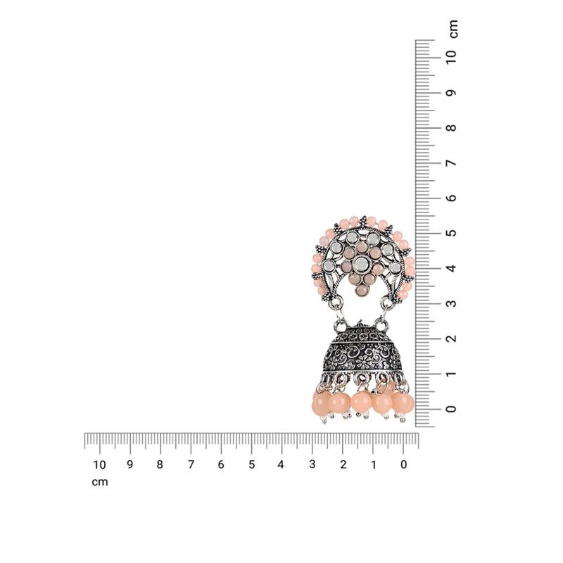 Silver Oxidised Traditional Peach Kundan & Stone Studded Jhumka Earrings For Women 