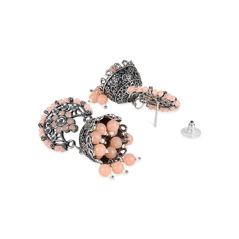 Silver Oxidised Traditional Peach Kundan & Stone Studded Jhumka Earrings For Women 