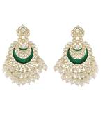 Gold Plated Intricately Designed Traditional Meenakari Chandbali Earrings Glided With Kundans & Pearls 