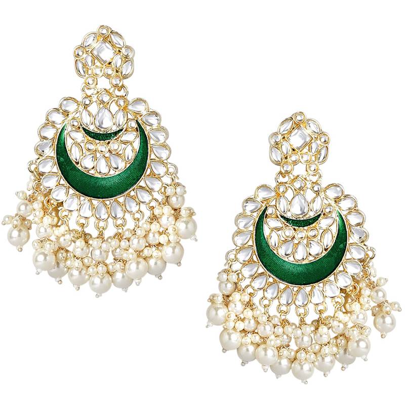 Gold Plated Intricately Designed Traditional Meenakari Chandbali Earrings Glided With Kundans & Pearls 