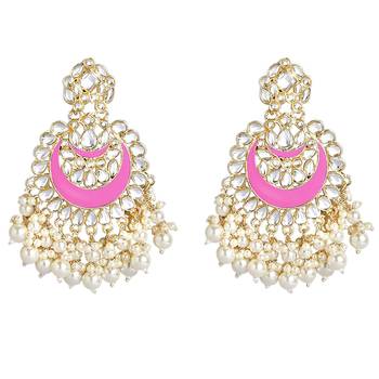 Gold Plated Intricately Designed Traditional Meenakari Chandbali Earrings Glided With Kundans & Pearls  1