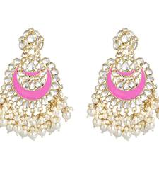 Gold Plated Intricately Designed Traditional Meenakari Chandbali Earrings Glided With Kundans & Pearls 