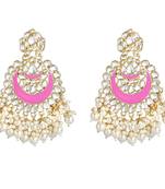 Gold Plated Intricately Designed Traditional Meenakari Chandbali Earrings Glided With Kundans & Pearls 