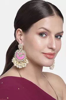 Gold Plated Intricately Designed Traditional Meenakari Chandbali Earrings Glided With Kundans & Pearls 