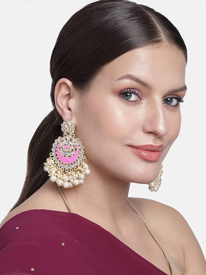 Gold Plated Intricately Designed Traditional Meenakari Chandbali Earrings Glided With Kundans & Pearls 