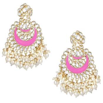 Gold Plated Intricately Designed Traditional Meenakari Chandbali Earrings Glided With Kundans & Pearls  3