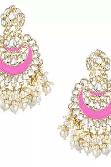 Gold Plated Intricately Designed Traditional Meenakari Chandbali Earrings Glided With Kundans & Pearls 