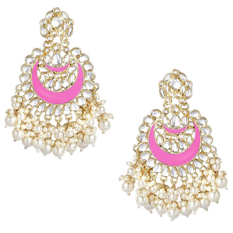 Gold Plated Intricately Designed Traditional Meenakari Chandbali Earrings Glided With Kundans & Pearls 