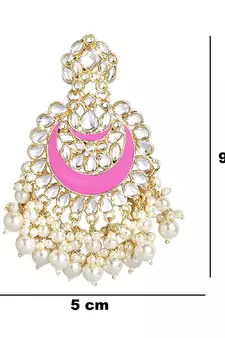 Gold Plated Intricately Designed Traditional Meenakari Chandbali Earrings Glided With Kundans & Pearls 