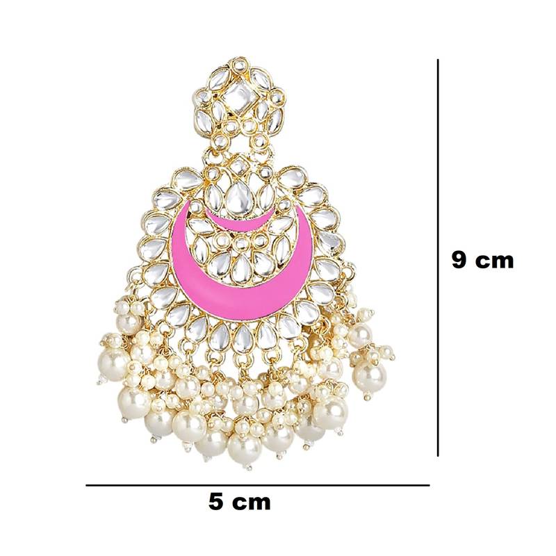 Gold Plated Intricately Designed Traditional Meenakari Chandbali Earrings Glided With Kundans & Pearls 