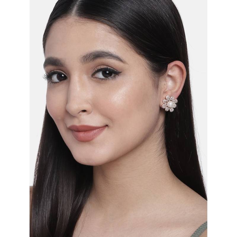 Valentine's Special Rose Gold-Plated & White Floral Studs Earrings for Women 