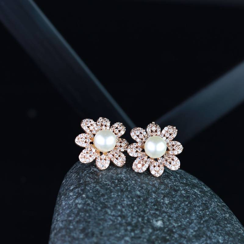 Valentine's Special Rose Gold Plated White Floral & Square Studs Earrings for Women 
