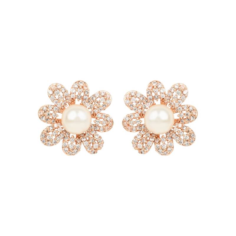 Valentine's Special Rose Gold Plated White Floral & Square Studs Earrings for Women 