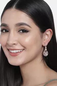 Valentine's Special Rose Gold Plated & White AD Studded Drop Earrings for Women 