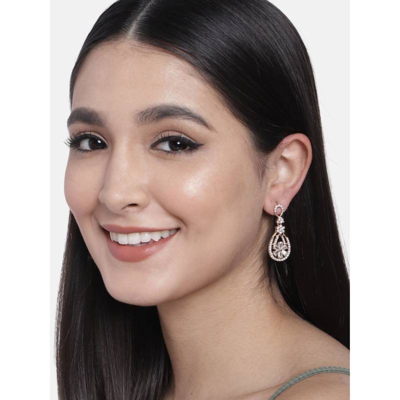Valentine's Special Rose Gold Plated & White AD Studded Drop Earrings for Women 
