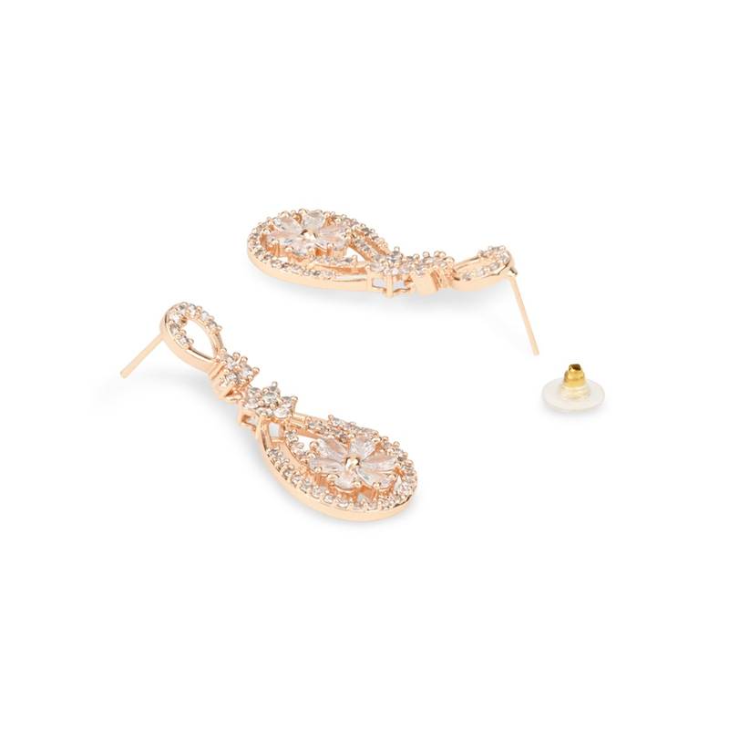 Valentine's Special Rose Gold Plated & White AD Studded Drop Earrings for Women 