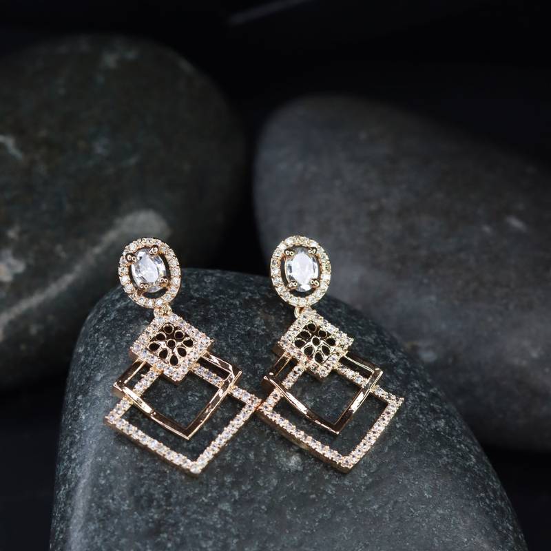 Valentine's Special Rose Gold Plated & White AD Studded Drop Earrings for Women 