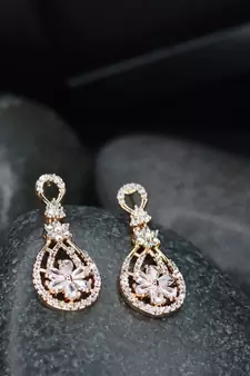 Valentine's Special Rose Gold Plated & White AD Studded Drop Earrings for Women 