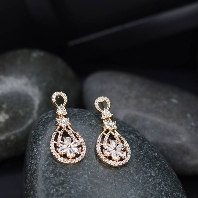 Valentine's Special Rose Gold Plated & White AD Studded Drop Earrings for Women 