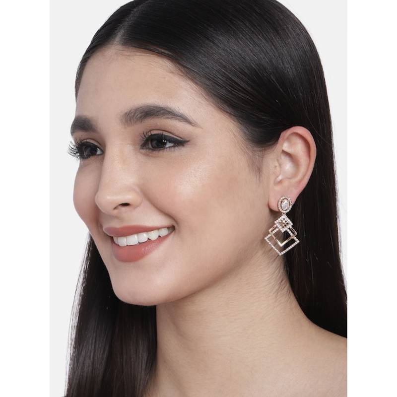 Valentine's Special Rose Gold Plated & White AD Studded Drop Earrings for Women 