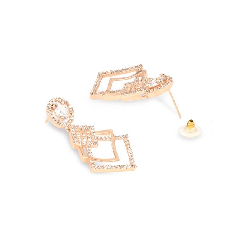 Valentine's Special Rose Gold Plated & White AD Studded Drop Earrings for Women 