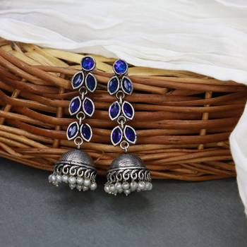 I Jewels Silver Oxidised Traditional Kundan & Stone Studded Jhumka Earrings For Women (E2979ZBl) 1