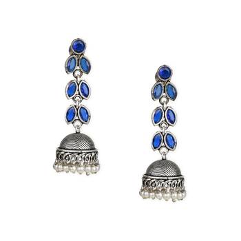 I Jewels Silver Oxidised Traditional Kundan & Stone Studded Jhumka Earrings For Women (E2979ZBl) 2