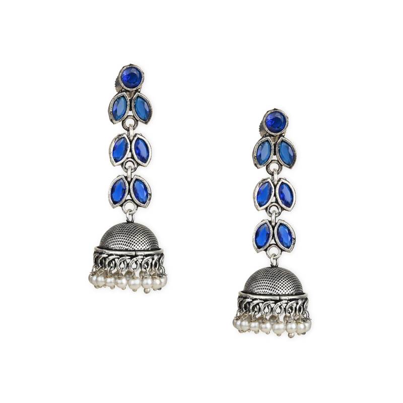 I Jewels Silver Oxidised Traditional Kundan & Stone Studded Jhumka Earrings For Women (E2979ZBl)