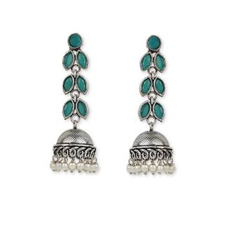 Silver Oxidised Traditional Kundan & Stone Studded Jhumka Earrings For Women (E2979ZG) 1