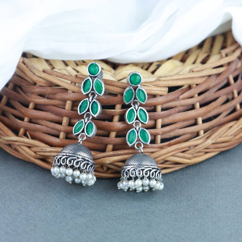 Silver Oxidised Traditional Kundan & Stone Studded Jhumka Earrings For Women (E2979ZG)