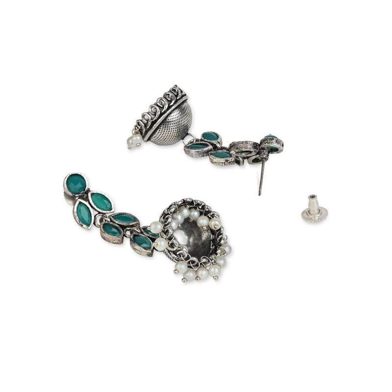 Silver Oxidised Traditional Kundan & Stone Studded Jhumka Earrings For Women (E2979ZG)