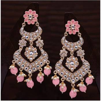 Alloy with Pearl Love Drop Earring for Women, Pink 3