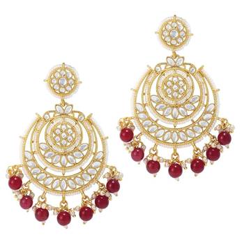 Gold Plated Intricately Designed Traditional Beaded Chandbali Earrings Glided With Kundans & Pearls  1