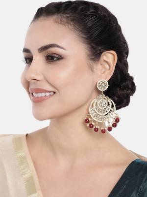 Gold Plated Intricately Designed Traditional Beaded Chandbali Earrings Glided With Kundans & Pearls  2