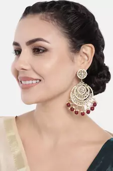 Gold Plated Intricately Designed Traditional Beaded Chandbali Earrings Glided With Kundans & Pearls 