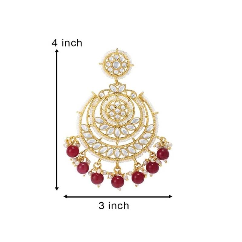 Gold Plated Intricately Designed Traditional Beaded Chandbali Earrings Glided With Kundans & Pearls 