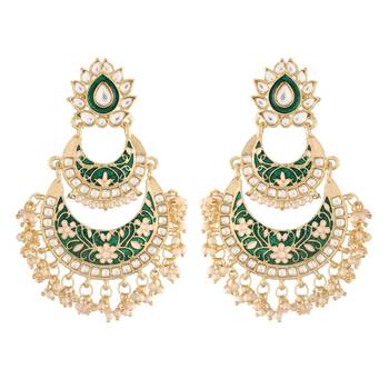 Women's Gold Plated Intricately Designed Traditional Meenakari Earrings Glided with Kundans & Pearls  1